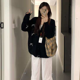 韩系黑色V领蝴蝶结毛衣开衫女秋冬宽松慵懒风设计感针织外套上衣