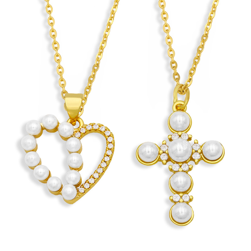 Simple Cross Half Heart Pearl Necklace display picture 1