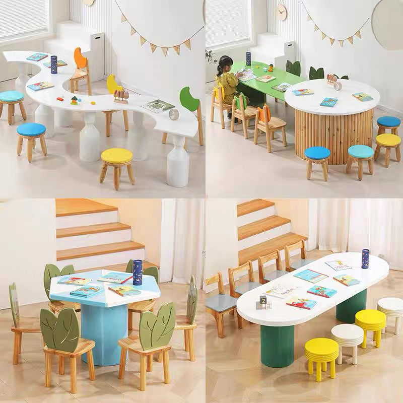 Kindergarten Handmade Painting Table Solid Wood Table and Chair Set Sales Office Children's Area Reception Early Education Combo Table and Chair