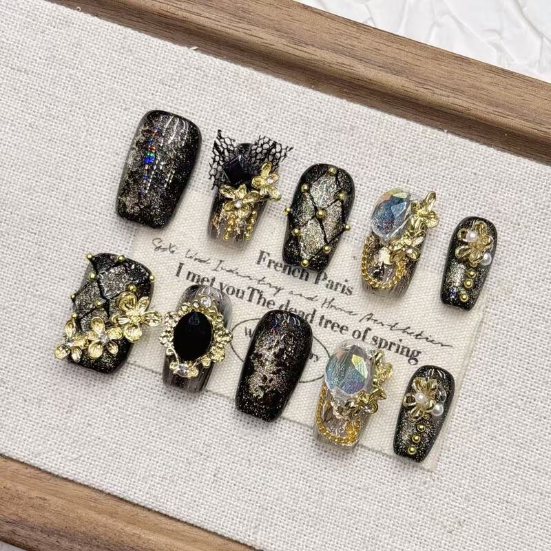 Dark Printed Cat-Eye Whitening Cross-Border Hot-Selling Retro Fake Nails Boutique High-Quality Wholesale Handmade Wearable Manicure