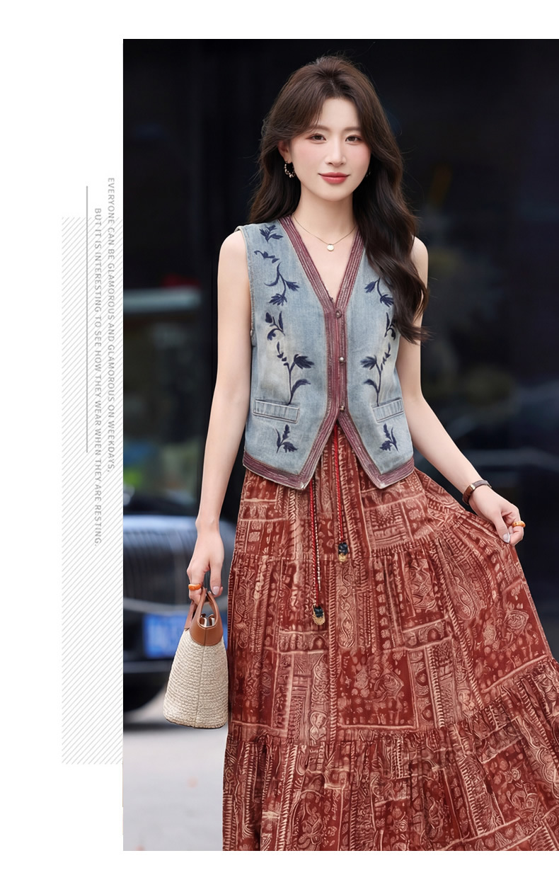 Set áo vest ren và chân váy midi hai mảnh nữ tính họa tiết thêu hoa — màu đỏ chi tiết 18