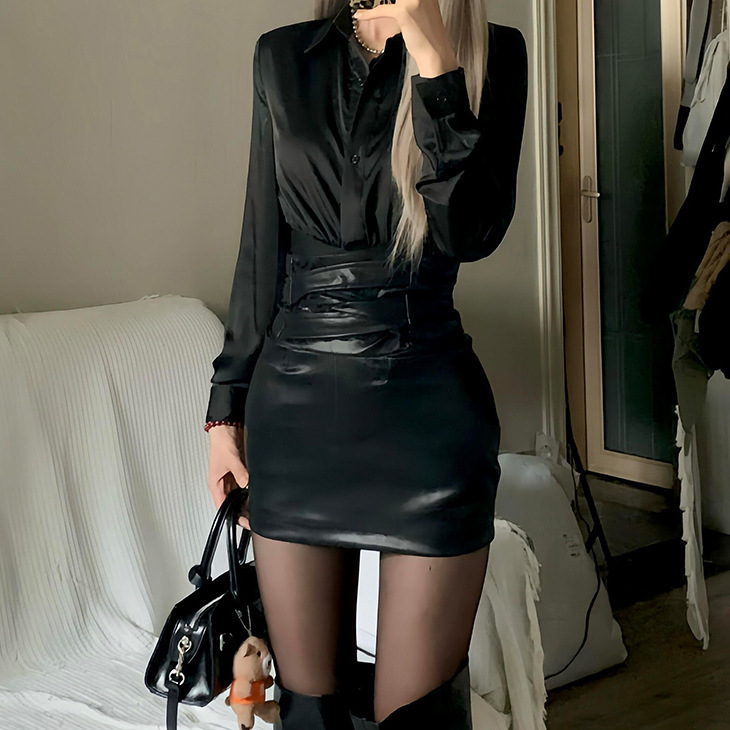 American Style Sexy Pure Desire Lapel Long-sleeved Shirt Top Women's Spring New Waist Leather Skirt Two-piece Fashionable Skirt American Style Sexy Pure Desire Lapel Long-sleeved Shirt Top Women's Spring New Waist Leather Skirt Two-piece Fashionable Skirt