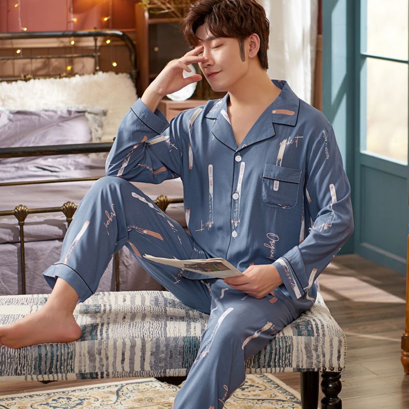 100% pijamas de algodón de manga larga de los hombres más el tamaño de los hombres de verano conjunto de dos piezas de primavera y otoño de los hombres traje de desgaste para el hogar