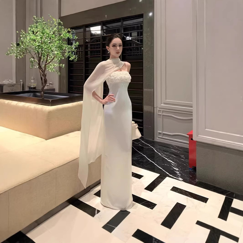 White Dress for Women, Winter High-End Socialite Evening Gown, Heavy Sequined Satin Strapless Bodycon Long Dress