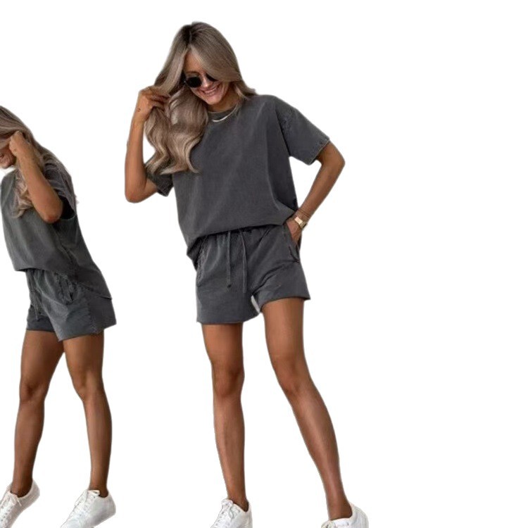 2025 新しいアマゾン独立系ヨーロッパとアメリカのクロスボーダー無地カジュアルショーツスーツ女性用|undefined