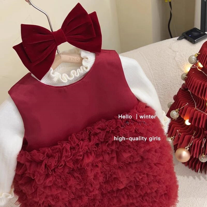 Vestido Rojo de Otoño/Invierno para Niña, Modelo Sweet Little Sister 25, con Forro Polar, Vestido de Malla Hecho a Mano, Vestido de Año Nuevo, Vestido de Cumpleaños, Moderno