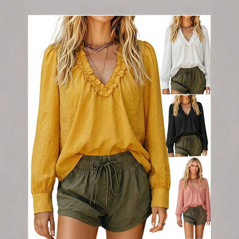 2026 European and American cross-border Amazon independent station V-neck ruffled fashion casual long-sleeve spring and autumn women's shirt