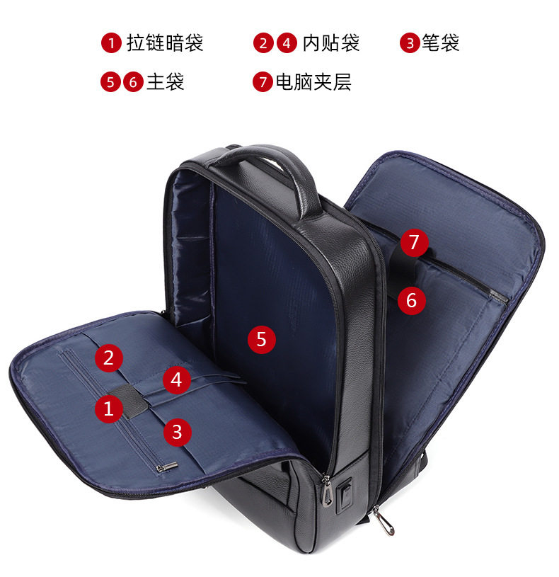 Ba lô nam da bò thật công suất lớn, ngăn laptop 16 inch, chống nước đa chức năng — Màu đen chi tiết 11