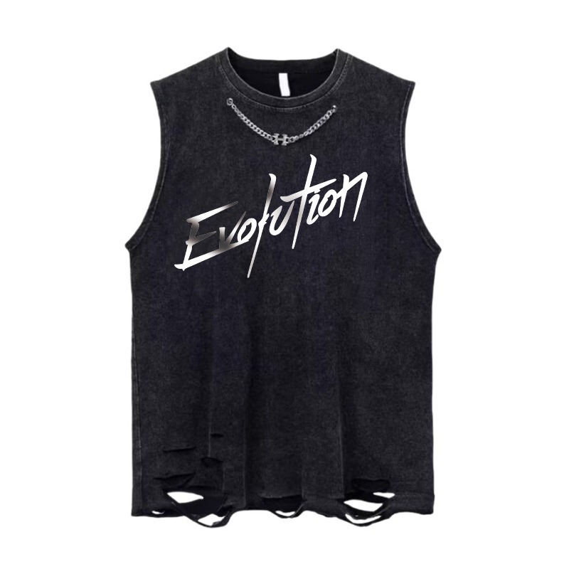 謝霆峰と同じスタイルのヘビーウォッシュ加工のダメージ加工半袖Tシャツ、男女兼用、ニッチなアメリカンハイストリートカップルトップス|undefined