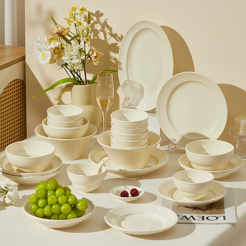 Baichuang Cream Ceramic Tableware Set Milk Yellow Thread Light Luxury Simple Elegant Design
