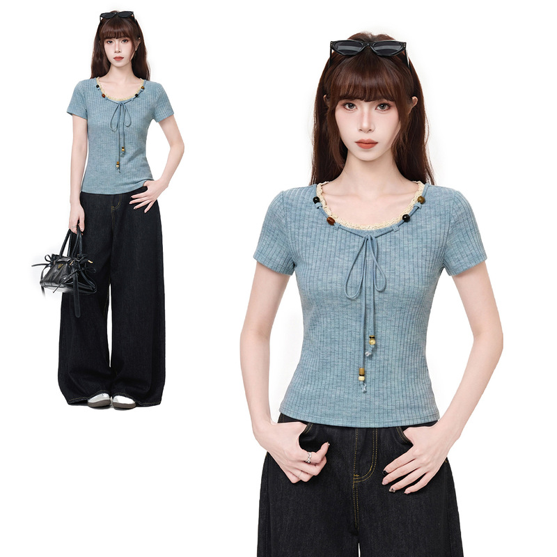 Academy-Style Blue Lace Beaded Tie Short-Sleeve T-Shirt for Women 2026 Summer Round Neck Ribbed Slim-Fit Top Academy-Style Blue Lace Beaded Tie Short-Sleeve T-Shirt for Women 2026 Summer Round Neck Ribbed Slim-Fit Top