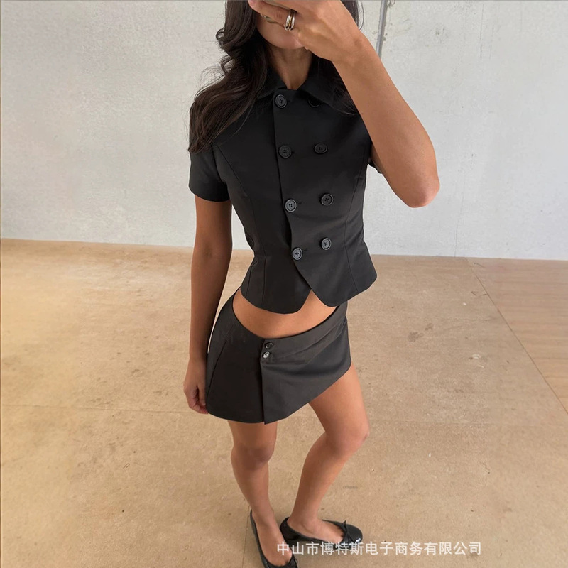 Summer New Style European and American Style Commuter Double-Breasted Waist-Cinching Top and Low-Waist Short Skirt Suit Two-Piece Set Summer New Style European and American Style Commuter Double-Breasted Waist-Cinching Top and Low-Waist Short Skirt Suit Two-Piece Set