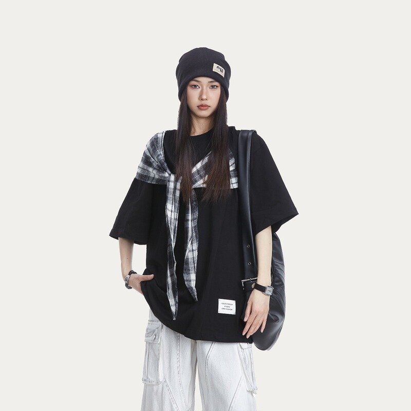 Chinese Trendy Brand Bow Patch Short-Sleeved T-Shirt for Women 2025 Summer Casual Round Neck Plaid Shawl Fake Two-Piece Top