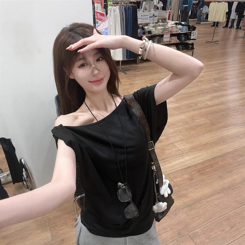 Lady's Casual Off-the-Shoulder Short Sleeve T-shirt 2025 Summer New Pure Color Design Sense Loose Shoulder Student Top