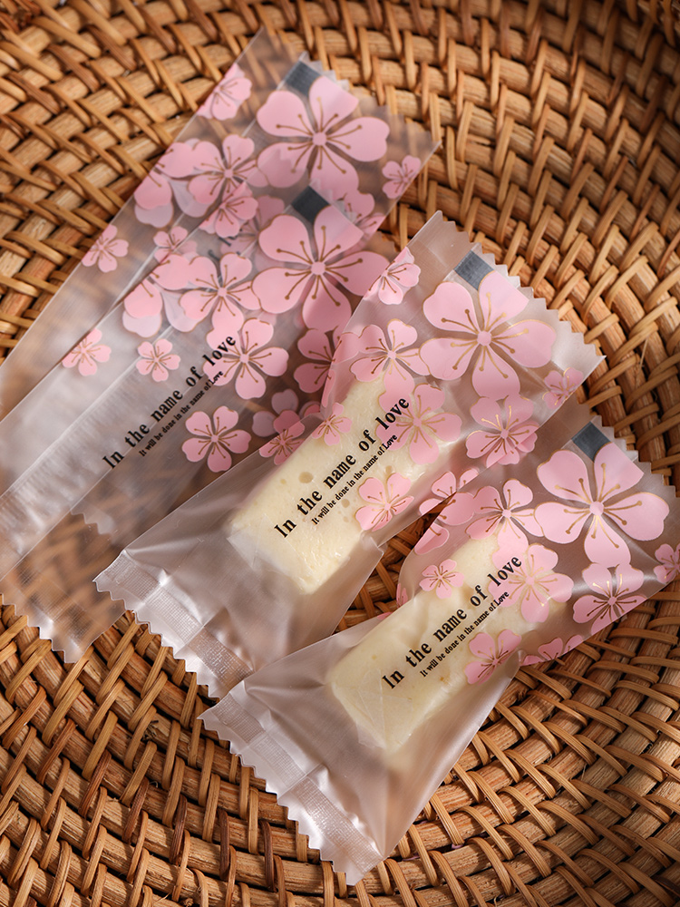 Bolsa de embalaje de nougat, embalaje de toffee, papel de azúcar, bolsas de pastel de leche de mango, sello de máquina transparente, bolsas pequeñas letras esmerizadas