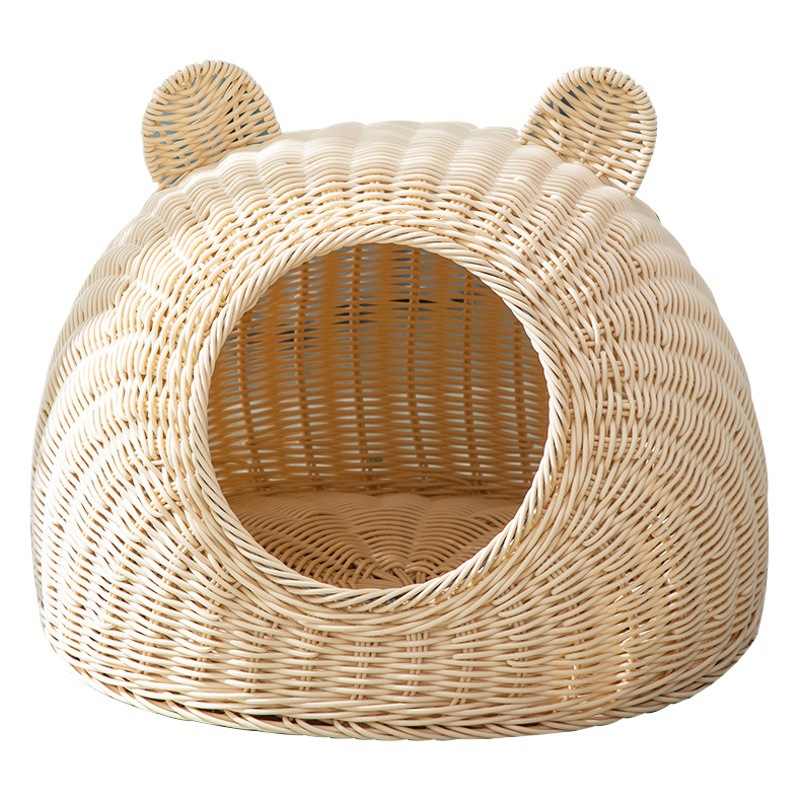 Nido para gatos tejido lavable, nido para gatos semicerrado universal para todas las estaciones, nido para mascotas de verano, nido para gatos de ratán transpirable