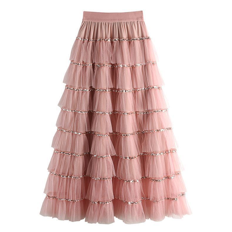 Carefully Selected Heavy-Duty Sequin Patchwork Mesh Cake Skirt for Women, New Spring/Summer Style, Sweet High-Waisted Slimming Mid-Length Skirt