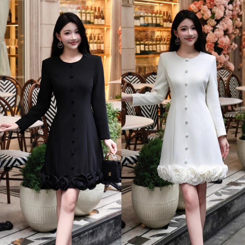 Young and Feminine Little Dress for Women in Autum, Little Black Dress for Little Ladies, Stylish Full-Swing Petal Slimming Look A-Line Dress