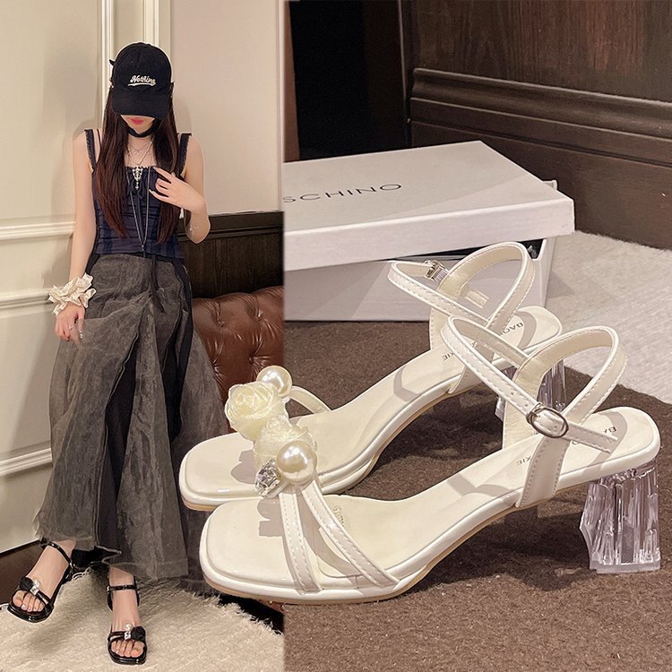 Silver Pearl Flower Strap Chunky Heel Sandals for Women 2026 Summer New French Style Toe-Loop High Heels to Match Skirts Silver Pearl Flower Strap Chunky Heel Sandals for Women 2026 Summer New French Style Toe-Loop High Heels to Match Skirts