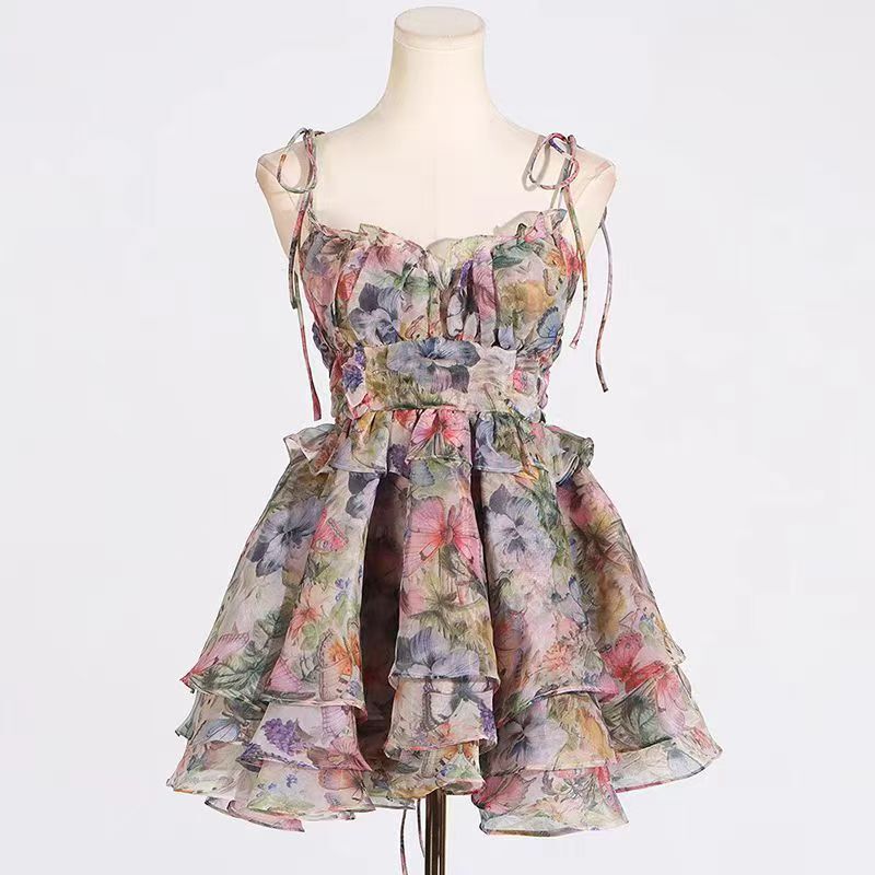 High-End Niche Design Mixed-Color Flower and Butterfly Herbal Print Pleated Tube Top Strap Waist Puffy Skirt Dress