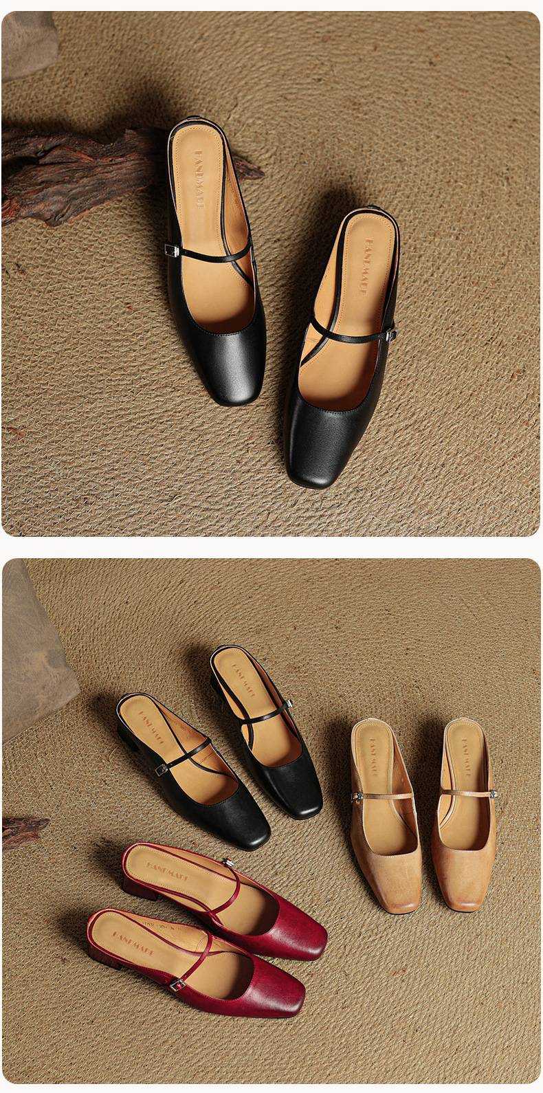Sandal nữ quai ngang mũi vuông gót 4.5 cm da bò bít mũi hở gót — đen chi tiết 25