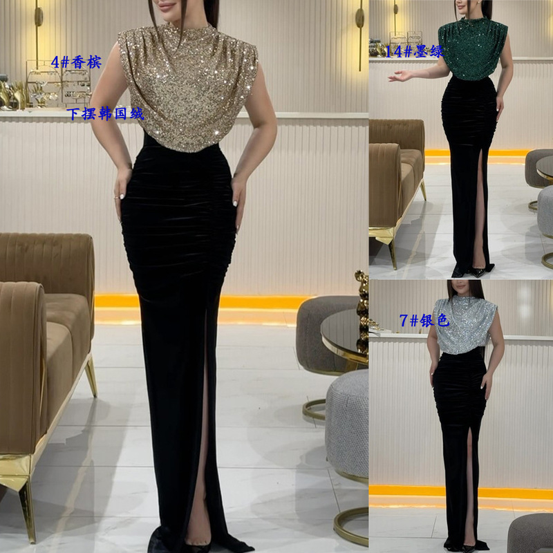 2025 European and American Foreign Trade Spring and Autumn New Sequin Splicing Split dress INS Leisure Party Sleeveless dress