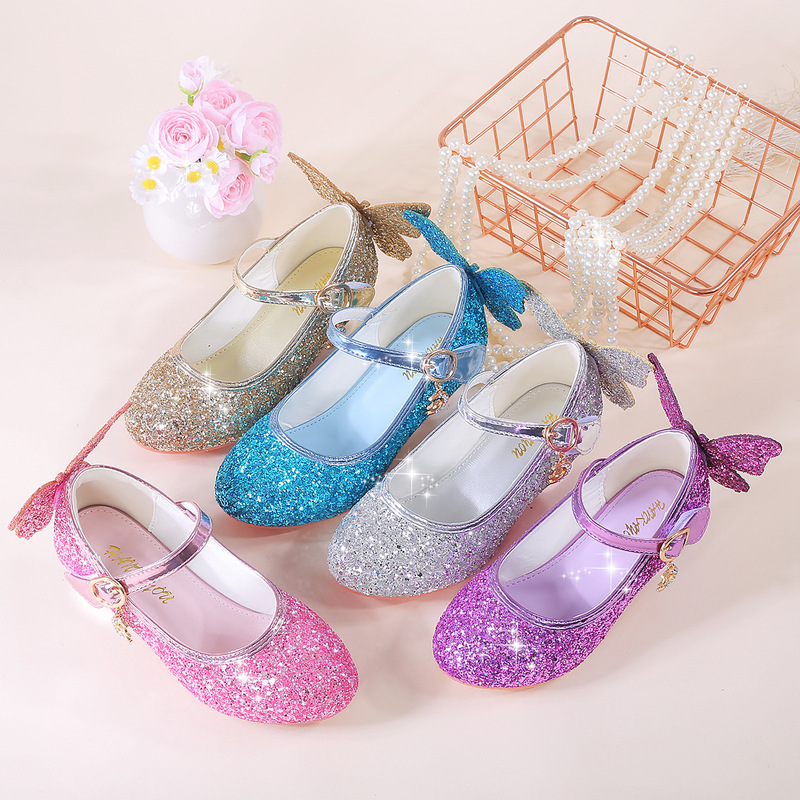 Amazon's Best-Selling Girls' Shoes, Korean-Style Butterfly Princess Shoes, Children's High-Heeled Leather Shoes, Frozen Elsa Crystal