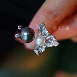 天然海水大溪地珍珠通体S925银镀金镶嵌锆石配白珍珠开口指环新品