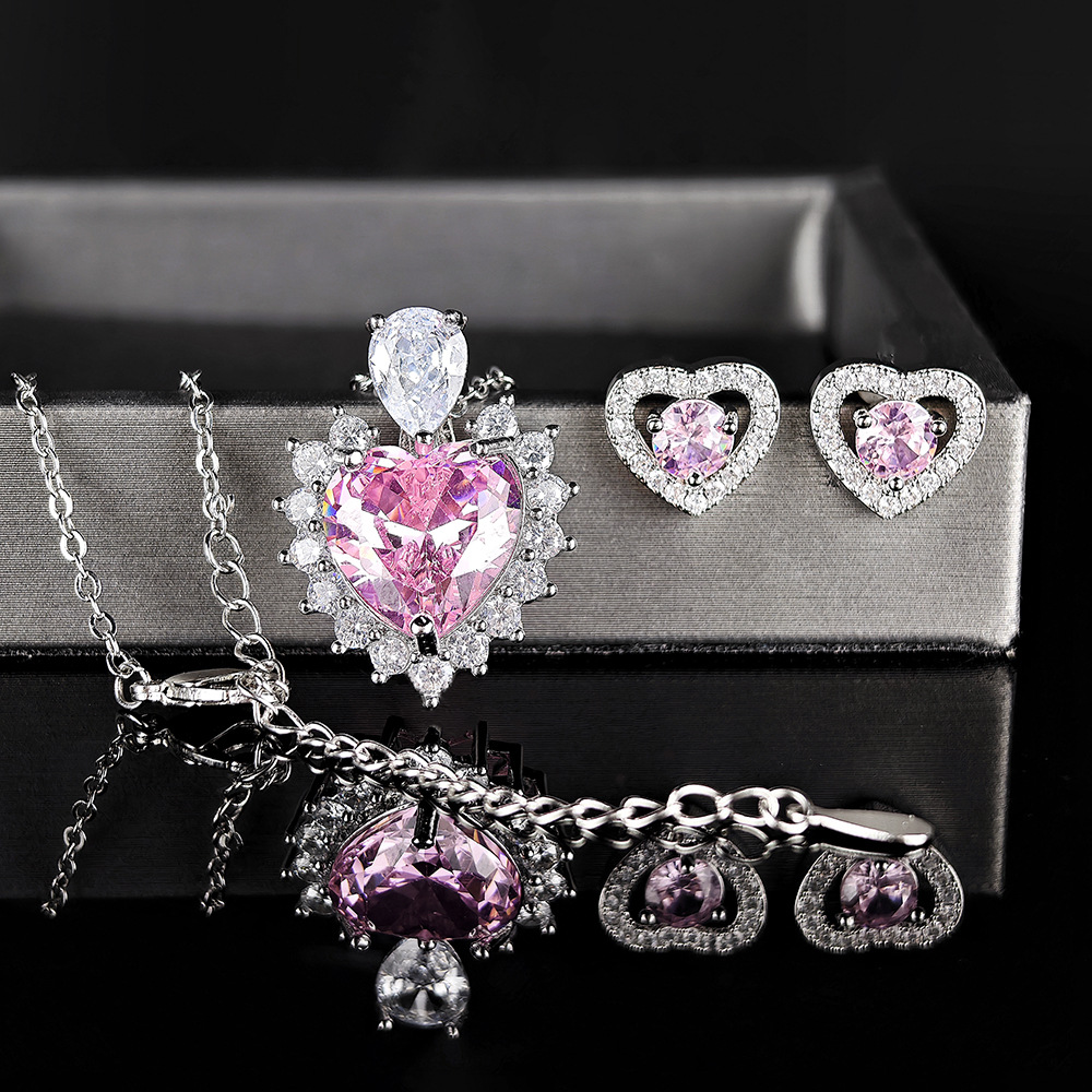Earrings + Necklace Quantity Wholesale Jewelry Elegant Shiny Heart Shape Copper Plating Earrings Necklace Cable Chain