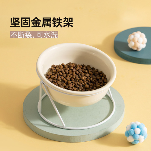 Ceramic oblique mouth pet double bowl cervical vertebra cat bowl cat food bowl with high feet to prevent overturning large capacity drinking water bowl and food bowl