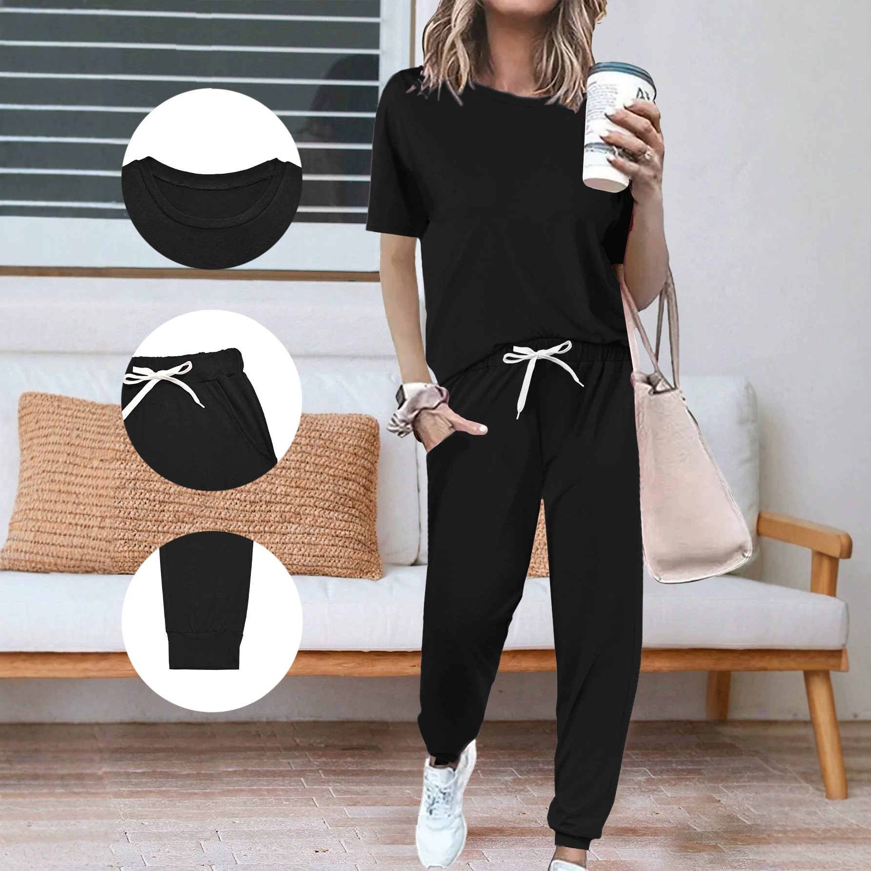 Completo da donna composto da top a maniche corte con scollo rotondo e pantaloni, due pezzi coordinati, ideale per l'estate._voghion.com