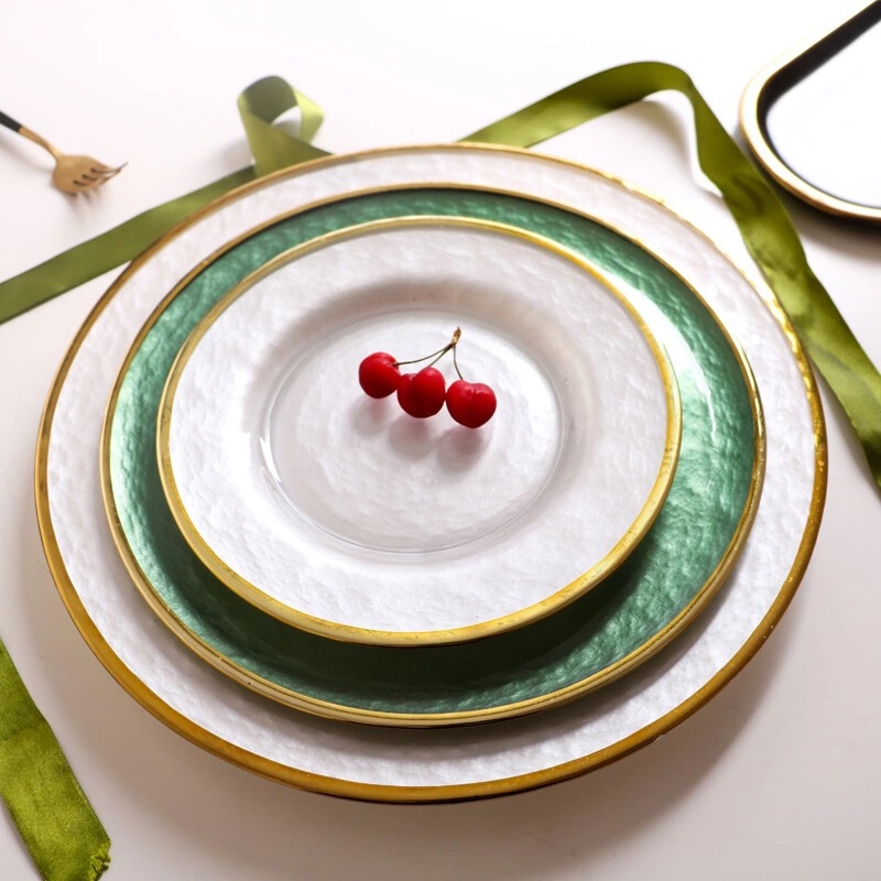 Cross-Border Special Supply of Green Gold Rimmed Dinner Plates Christmas Thanksgiving Dinner Plates Glass Restaurant Hotel Trays