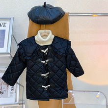 女童棉衣2024新款冬装女宝宝荷叶领长款外套中小童韩版格子棉服潮