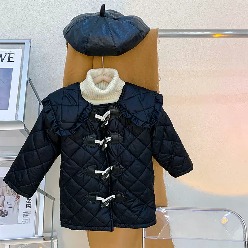 女童棉衣2026新款冬装女宝宝荷叶领长款外套中小童韩版格子棉服潮