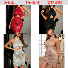 2025欧美外贸新款女装连 ebay亚马逊性感流苏挂脖露背连衣裙短裙