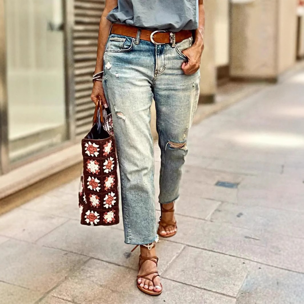 Jeans de Pierna Ancha para Mujer de Denim de Algodón Elástico y Cintura Alta para Uso Casual