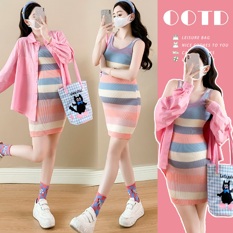 In-Stock Real Photos~ Pregnant Women Stylish Rainbow Striped Knit Dress Cardigan Two-Piece Set Slim Hot Mom Dress In-Stock Real Photos~ Pregnant Women Stylish Rainbow Striped Knit Dress Cardigan Two-Piece Set Slim Hot Mom Dress