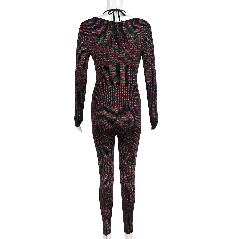 Autumn Winter Chest Wrapped Two Piece Set Lace up Cutout Nylon Long Sleeve Jumpsuit High Elastic Women Clothing