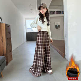 女童秋冬加绒裤子2025新款儿童一体绒格子阔腿裤大童冬季加厚长裤