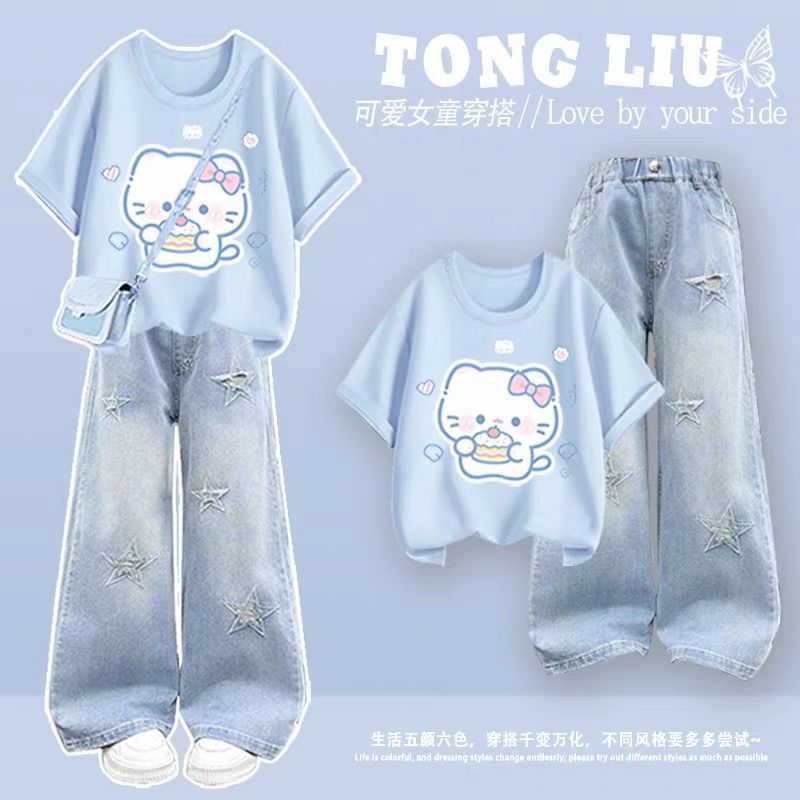 Girls' Summer Outfit Set 2026 New Style Girls' Short-Sleeved T-Shirt for Middle School Students, Korean Style Popular Top