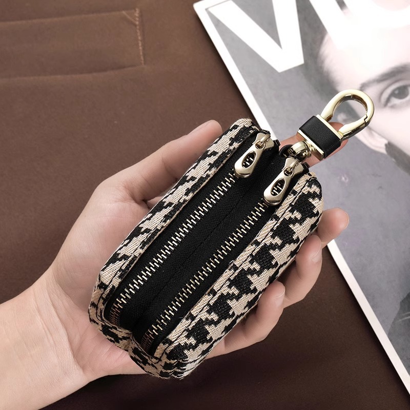 Houndstooth Pattern Household Key Case, Large Capacity, Multifunctional Lipstick and Coin Storage, Universal Car Zipper Key Case