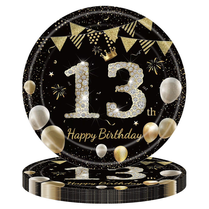 黑金周岁生日派对纸盘21岁30岁100岁纪念日一次性餐盘纸巾桌布|undefined