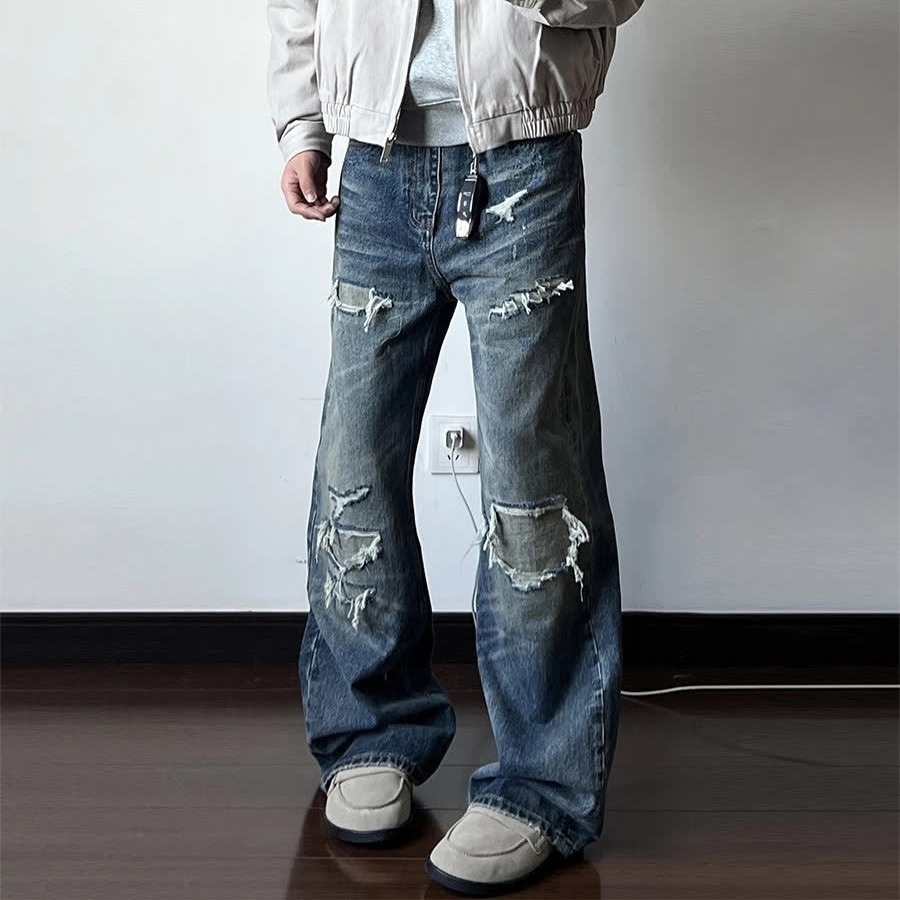 Men's Distressed Washed Denim Jeans With Rip & Frayed Details, Loose Fit Straight Leg Pants, Vintage Streetwear Style For Casual Wear_mkmklike.com