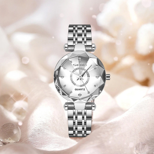 Ocean Heart Light Luxury Watch Diamond Dial Brilliance Multi-Faced Glass Solid Steel Strap Women's Waterproof Watch