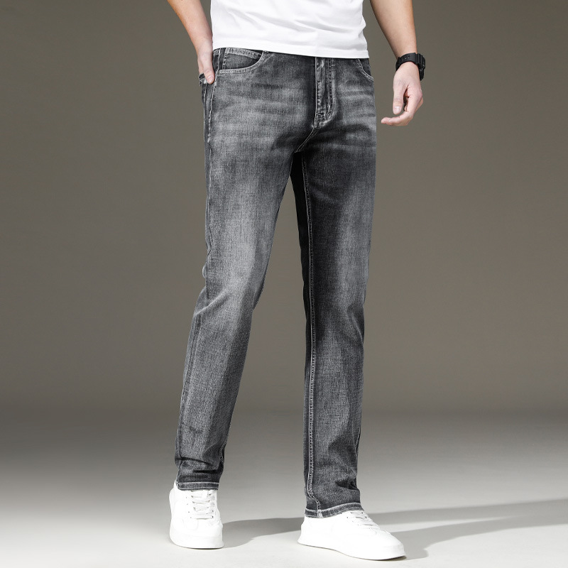 Pantalones vaqueros rectos de negocios de alta gama gris ahumado hombres de alta cintura marca de moda pantalones de mezclilla de mediana edad