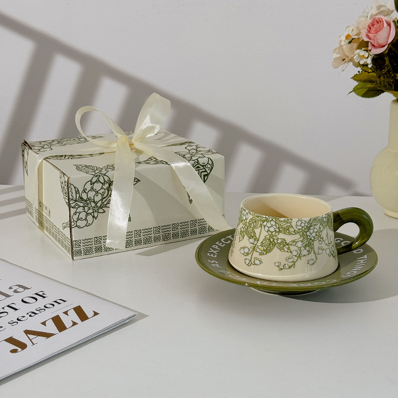 Taza de Café y Plato de Postre de Cerámica de Estilo Retro Original de Diseño Colaborativo de Fabricante 2025, con Diseño de Acuarela Moderno