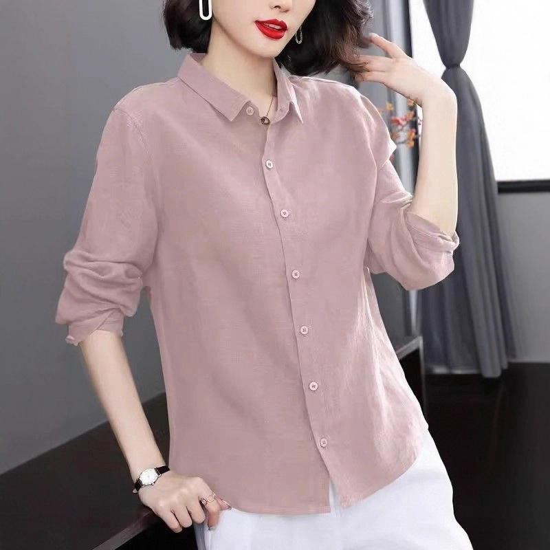 棉麻衬衫女长袖2025春秋季新款韩版翻领大码宽松中年气质文艺上衣|undefined