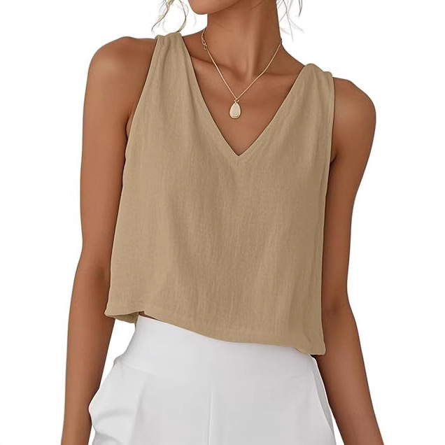 European and American Amazon New Women's V-Neck Short Cotton and Linen Vest Spring and Summer Sleeveless Shirt