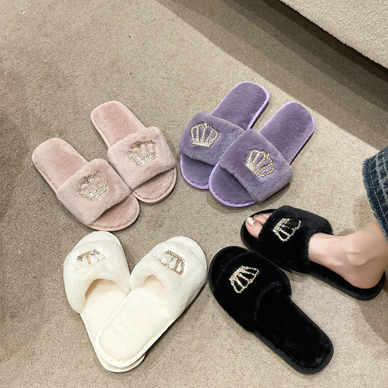 New Open crown plush slippers Women's Home warm flip flops rhinestone plush slippers cross-border cotton slippers wholesale