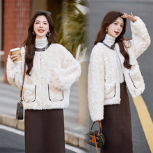 优雅风外套2025冬季新款女镶边撞色花狐压花仿狐狸毛皮毛一体上衣